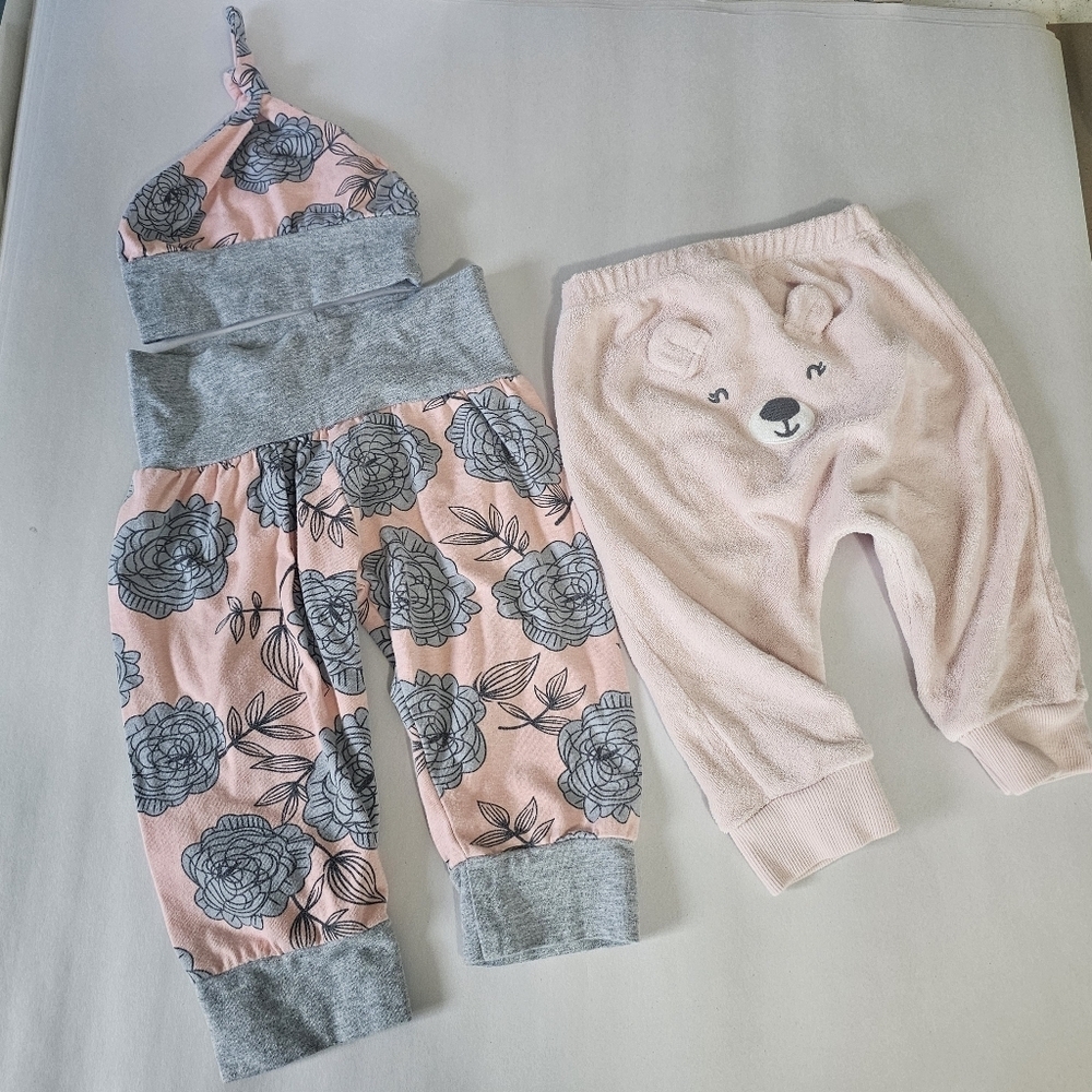 Set of 3 Carter's Bear Butt Pants Pink Gray Flower Pants & Hat Baby‎ Girl 6M